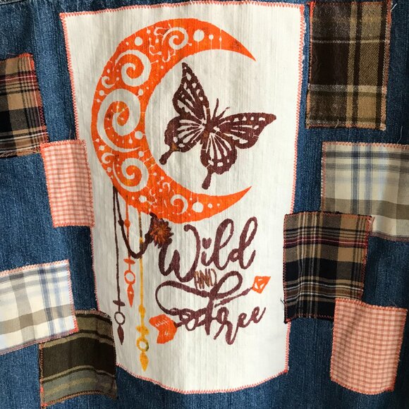 Upcycled Jean Shirt, Size M: Painted Wild Free Moon Graphic, Patchwork Jacket - Picture 8 of 13